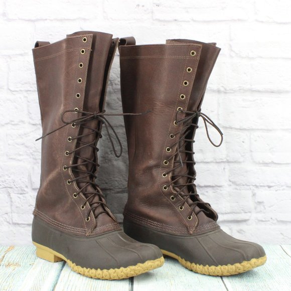 LL Bean Brown Leather Lace Up Tall Hunting Duck Boots Size 11 Medium - Picture 3 of 9